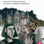 Hamlet sostiene una calavera en la mano. Detrás, está el fantasma de su padre y el castillo de Elsinor.