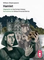 Hamlet sostiene una calavera en la mano. Detrás, está el fantasma de su padre y el castillo de Elsinor.
